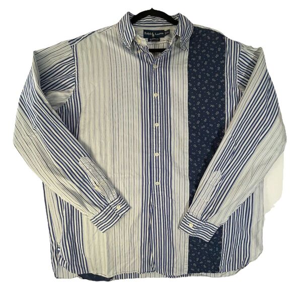 Ralph Lauren Button Down Shirt Sz XL Blue White Striped Patchwork Madras Stripe - Picture 2 of 5